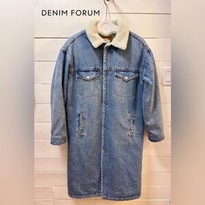 FORUM DENIM Blue Sherpa Lined Long Denim Jacket Size L